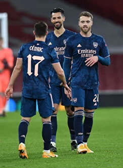 Arsenal v SK Rapid Wien 2020-21 Collection: Arsenal FC: Pablo Mari, Calum Chambers, and Cedric Soares Celebrate after UEFA Europa League