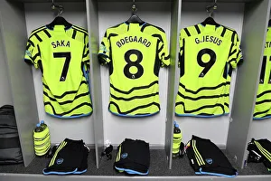 Arsenal FC: Pre-Match Shirts of Saka, Odegaard, and Jesus in Luton Town Dressing Room (Luton Town vs Arsenal 2023-24)