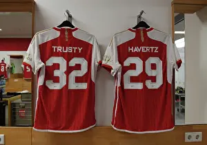 Arsenal FC: Pre-Season Preparation - Auston Trusty and Kai Havertz's Shirts in Arsenal Changing Room (Nuremberg, 2023)