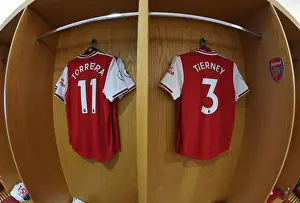 Arsenal FC: Torreira and Tierney's Shirts in the Changing Room before Arsenal v AFC Bournemouth (2019-20)