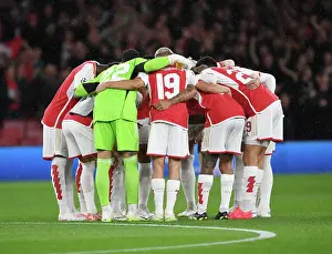 Arsenal V PSV Eindhoven 2023-24 Prints: Arsenal FC vs PSV Eindhoven: Huddle Before UCL Clash at Emirates Stadium, 2023-24
