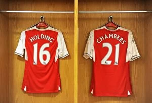 Images Dated 14th August 2016: Arsenal Football Club: Rob Holding and Calum Chambers in the Changing Room Before Arsenal vs