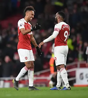 Arsenal V Newcastle United 2018-19 Prints: Arsenal Forwards Aubameyang and Lacazette Celebrate Victory Over Newcastle United