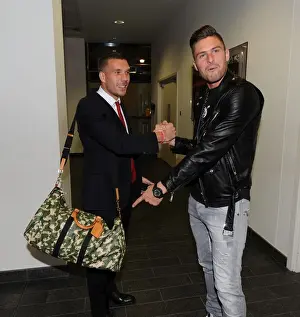 Arsenal Forwards Lukas Podolski and Olivier Giroud Before Arsenal v Tottenham Hotspur, Premier League 2014-15