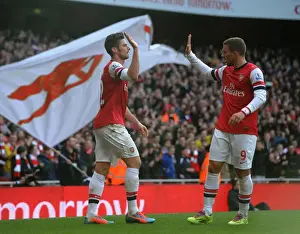 Arsenal V Sunderland 2013-14 Prints: Arsenal: Giroud and Podolski Celebrate Goals Against Sunderland (2013-14)