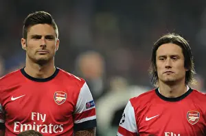 Arsenal V Napoli 2013-14 Prints: Arsenal: Giroud and Rosicky Pre-Match Huddle vs Napoli, UEFA Champions League 2013-14