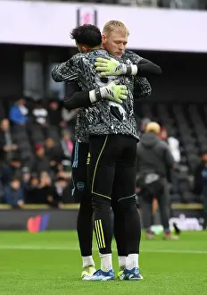 Arsenal Goalkeepers David Raya and Aaron Ramsdale Before Fulham Clash, Premier League, London 2023