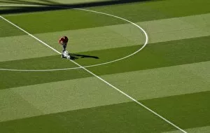 Images Dated 26th September 2018: Arsenal: Groundsman Prepares Pitch for Carabao Cup Clash against Brentford