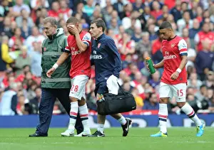 Arsenal V Aston Villa 2013-14 Prints: Arsenal: Injured Doctor Kieran Gibbs Tended by Medical Team During Arsenal v Aston Villa Match
