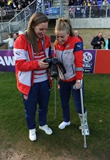 Images Dated 30th April 2015: Arsenal Ladies: Pre-Match Camaraderie - Siobhan Chamberlain Shares Moment with Leah Williamson