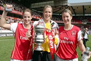Arsenal Ladies v Leeds United Ladies Womens FA Cup Final Collection: Arsenal Ladies Triumph: Yvonne Tracy, Emma Byrne, and Ciara Grant with the FA Cup