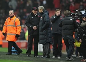 Arsenal v Leyton Orient FA Cup Replay 2010-11 Collection: Arsenal manager Arsene Wenger shakes with Orient manager Russell Slade