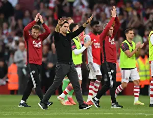 Arsenal Manager Mikel Arteta Celebrates with Fans after Arsenal vs. Tottenham Match, 2021-22 Premier League