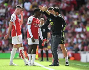 Arsenal V Nottingham Forest 2023-24 Prints: Arsenal Manager Mikel Arteta Conferencing with Declan Rice and Eddie Nketiah during Arsenal vs Nottingham Forest