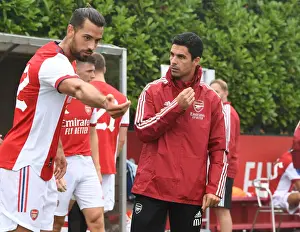 Arsenal Manager Mikel Arteta Conferencing with Pablo Mari at Half-Time during Arsenal vs Millwall Pre-Season Friendly (2021-22)