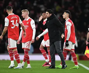 Arsenal Manager Mikel Arteta Conferencing with Xhaka and Zinchenko during Arsenal vs. Everton, Premier League 2022-23