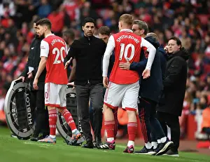 Arsenal V Crystal Palace 2022-23 Prints: Arsenal Manager Mikel Arteta Conferring with Emile Smith Rowe during Arsenal vs Crystal Palace