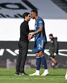 Arsenal Manager Mikel Arteta Consoles Defender Gabriel after Fulham vs Arsenal Match, 2020-21 Premier League
