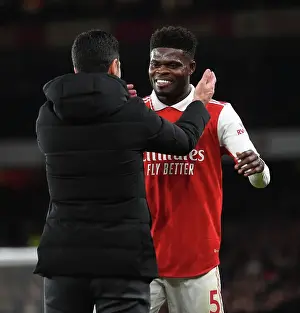 Arsenal Manager Mikel Arteta Embraces Thomas Partey After Substitution: Arsenal FC vs West Ham United, Premier League 2022-23