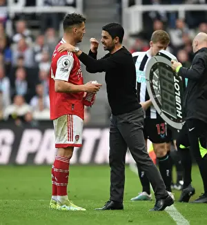 Arsenal Manager Mikel Arteta with Granit Xhaka: Newcastle United vs. Arsenal FC, Premier League 2022-23