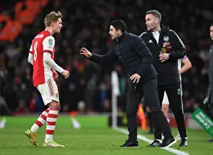 Arsenal Manager Mikel Arteta Strategizes with Martin Odegaard during Carabao Cup Semi-Final vs Liverpool