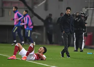 Arsenal Manager Mikel Arteta Watches as Aubameyang is Fouled in Arsenal v SL Benfica Europa League Clash
