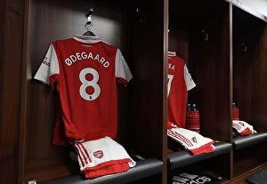 Images Dated 25th February 2023: Arsenal: Martin Odegaard's Shirt in Arsenal Changing Room Before Leicester Match