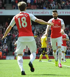 Arsenal V Aston Villa 2015-16 Prints: Arsenal: Olivier Giroud and Nacho Monreal Celebrate Goal Against Aston Villa (2015-16)