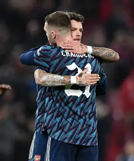 Liverpool V Arsenal Carabao Cup 21-22 Prints: Arsenal Players Ben White and Calum Chambers After Carabao Cup Semi-Final First Leg vs Liverpool
