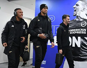 Arsenal Players Gabriel, Marquinhos, and Fabio Vieira Pre-Match Huddle vs. Brighton & Hove Albion (Premier League, 2022-23)