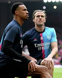 Arsenal Players Gabriel and Rob Holding Warm Up Ahead of Liverpool vs Arsenal Premier League Clash (2022-23)