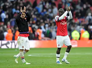 Arsenal Players Jack Wilshere and Bacary Sagna Celebrate with Fans after Victory over Queens Park Rangers