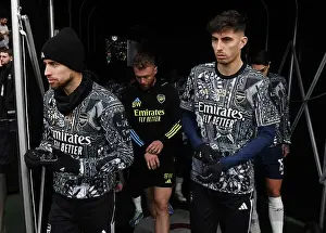 Arsenal Players Jorginho and Kai Havertz Warming Up Ahead of Fulham Match, 2023-24 Premier League