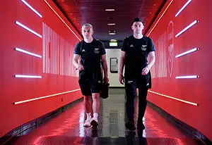 Arsenal Players Kieran Tierney and Leandro Trossard Arrive at Emirates Stadium for Arsenal v Wolverhampton Wanderers (2022-23)