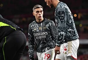 Images Dated 29th December 2023: Arsenal Players Leandro Trossard and Ben White Prepare for Arsenal v West Ham United (2023-24)