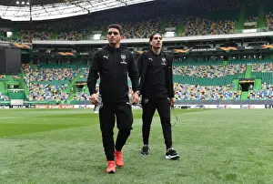 Sporting Lisbon V Arsenal 2018-19 Prints: Arsenal Players Lucas Torreira and Hector Bellerin Scouting the Pitch Before Sporting Lisbon Clash