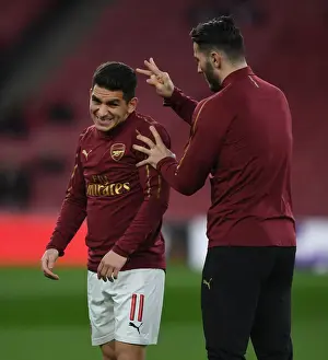 Arsenal V BATE Borisov 2018-19 Prints: Arsenal Players Lucas Torreira and Sead Kolasinac Warm Up Ahead of Arsenal v BATE Borisov UEFA Europa League Clash