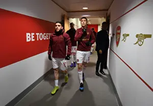Arsenal V Cardiff City 2018-19 Prints: Arsenal Players Lucas Torreira and Stephan Lichtsteiner Warming Up Ahead of Arsenal v Cardiff City
