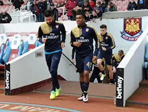 West Ham United V Arsenal 2015-16 Prints: Arsenal Players Olivier Giroud and Alex Iwobi Preparing for West Ham United Match