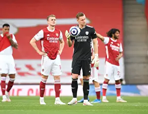 Arsenal Players Rob Holding and Bernd Leno Before Empty Emirates Stadium - Arsenal v West Bromwich Albion, 2021-22 Premier League