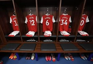 Images Dated 25th February 2023: Arsenal Players Shirts in Changing Room before Leicester City Match (2022-23 Premier League)