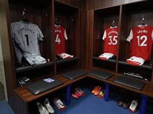 Images Dated 25th February 2023: Arsenal Players Shirts in Leicester City Changing Room Ahead of Premier League Clash