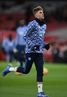 Arsenal Players Warm Up Before Arsenal vs. Wolverhampton Wanderers at Emirates Stadium