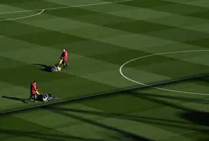 Arsenal V Aston Villa 2021-22 Prints: Arsenal: Pre-Match Groundskeeping at Emirates Stadium - Battle Ready for Arsenal v Aston Villa (2021-22)