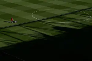 Arsenal V Aston Villa 2021-22 Prints: Arsenal: Pre-Match Groundskeeping at Emirates Stadium - Battle Ready for Arsenal v Aston Villa (2021-22)
