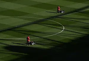 Arsenal V Aston Villa 2021-22 Prints: Arsenal: Pre-Match Groundskeeping at Emirates Stadium - Battle Ready for Arsenal v Aston Villa (2021-22)