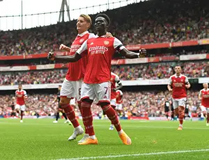 Arsenal V Sevilla - Emirates Cup 2022 Prints: Arsenal: Saka and Odegaard Celebrate First Goals in Emirates Cup Victory