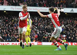 Arsenal V Brentford 2021-22 Prints: Arsenal: Smith Rowe and Tierney Celebrate First Goal Against Brentford (2021-22)
