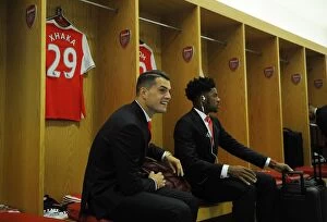 Images Dated 14th August 2016: Arsenal Squad Unity: A Moment of Camaraderie - Xhaka and Akpom in the Changing Room before Arsenal