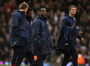 Fulham V Arsenal 2007-8 Prints: Arsenal substitutes Justin Hoyte, Jens Lehmann, Gilberto, Nicklas Bendtner at half time